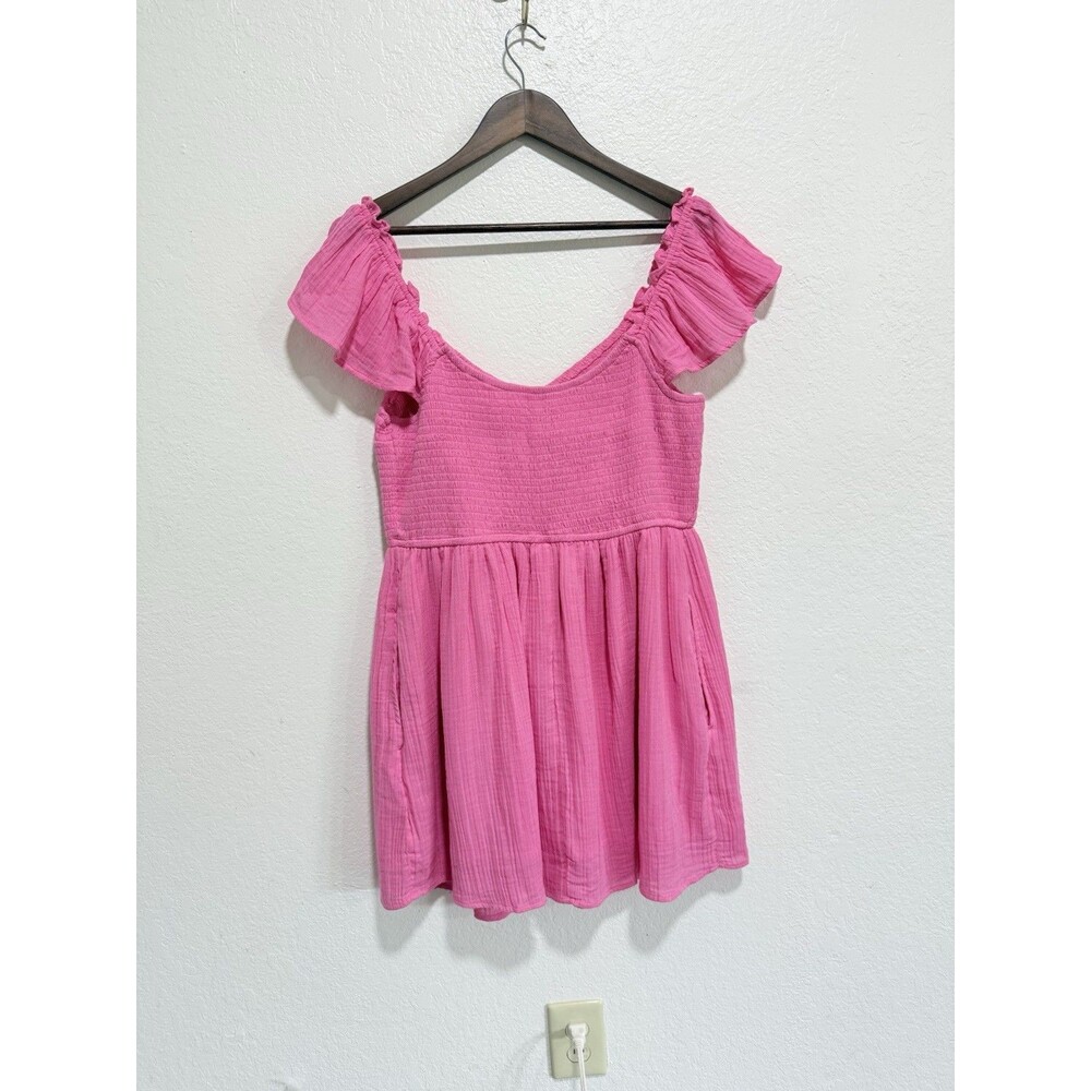 Hollister Pink Smocked V-Neck Flutter Sleeve Dress with Shorts And Pockets XL - Picture 2 of 13